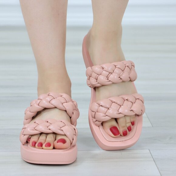 Open Toe Flip Flops Slide Sandal Faux Leather Braided Straps Slipper Slip On - Picture 3 of 13